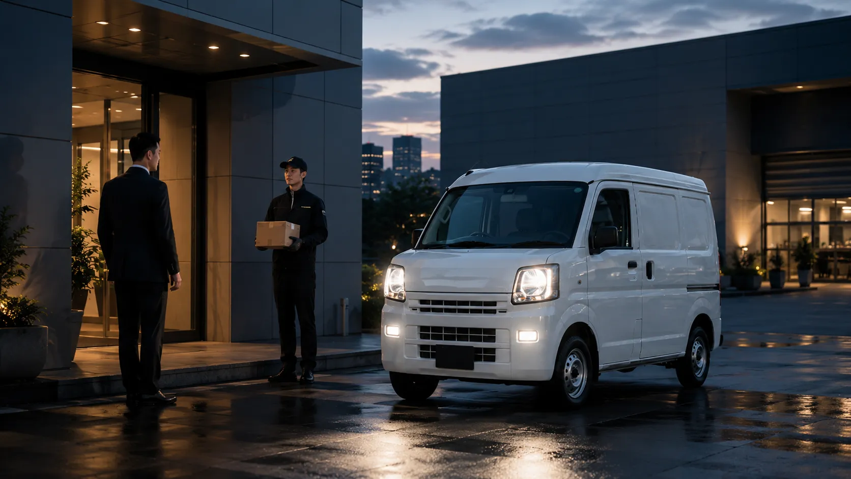 夜、建物のエントランスで荷物を手渡す全日本運送のドライバーと法人担当者